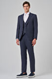  Erkek Lacivert Poliviskon Yelekli Trend Desenli Slim Fit Sivri Yaka Takım Elbise
