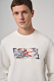  Erkek Ekru Trend Baskılı Bisiklet Yaka Sweatshirt
