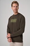  Erkek Haki Trend Baskılı Bisiklet Yaka Sweatshirt
