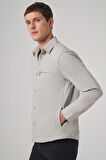  Erkek Gri Polyester Trend Düz Dynamic Fit Berberi Yaka Gömlek Ceket