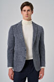  Erkek Marine Örme Trend Ekoseli Slim Fit Mono Yaka Ceket