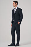  Erkek Lacivert Poliviskon Trend Çizgili Slim Fit Sivri Yaka Yelekli Takım Elbise