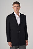  Erkek Siyah Yünlü Düz Dynamic Fit Sivri Yaka Kaban