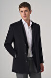  Erkek Siyah Yünlü Düz Dynamic Fit Sivri Yaka Kaban