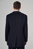  Erkek Lacivert Yünlü Düz Dynamic Fit Sivri Yaka Kaban
