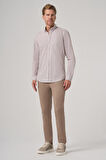  Erkek Bej Pamuk Trend Çizgili Dynamic Fit Düğmeli Yaka Gömlek
