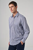  Erkek Lacivert Pamuk Trend Çizgili Regular Fit Sert Yaka Gömlek