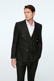  Erkek Siyah Poliviskon Trend Slim Fit Sivri Yaka Kruvaze Takım Elbise