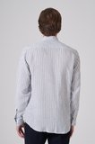  Erkek Lacivert Keten Trend Çizgili Dynamic Fit Düğmeli Yaka Gömlek