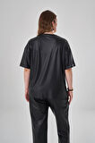 Desenli Derili Siyah T-Shirt