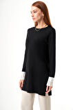 Kol Piliseli Rayon Triko Siyah-Taş Tunik