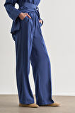 İndigo Mavi Mizalle Denim Dokulu Beli Lastikli Geniş Paça Pantolon