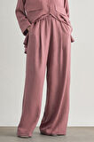 Mizalle  Keten Dokulu Beli Lastikli Pudra Pembe Bol Kesim Pantolon