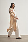 Mizalle Keten Dokulu Verev Cepli Bej Rengi Uzun Tunik