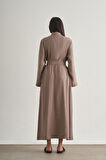 Mizalle Modal Karışımlı Kuşaklı Vizon Rengi Uzun Gömlek Elbi