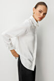 Mizalle Klasik Ekru Saten Gömlek Bluz