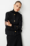 Mizalle Siyah Yuvarlak Yaka Gold Düğmeli Oversize Ceket