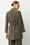 Mizalle Beli Büzgülü Haki Cupro Tunik