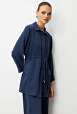 Mizalle Beli  Büzgülü İndigo Mavi Cupro Tunik