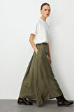 Mizalle Modal Karışımlı Haki Beli Lastikli  Maksi Etek