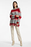 Mizalle Oversize Yumuşak Doklu Gri Kırmızı  Çizgili Triko Ka