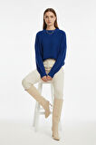 Mizalle Ekstra Oversize Düşük Kollu Selanik Örgü Saks Mavi Kazak
