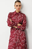 Mizalle Bordo Desenli Kuşaklı Saten Uzun Gömlek Tunik