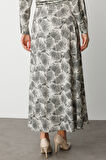 Mix Mizalle Haki Yeşil Yaprak Desenli Uzun Evaze Etek