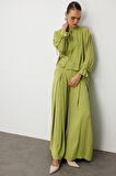 F.yeşili Mizalle Geniş Pileli Bol Kesim Şifon Yeşil Pantolon