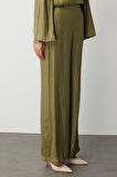 Haki Mizalle Geniş Paçalı Saten Şık Yeşil Pantolon
