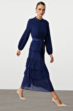 Mizalle Kat Pileli Maksi Lacivert  Elbise