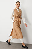 Bej Mizalle Keten Karışımlı Camel Uzun Trençkot Yelek
