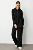Mizalle Beli İp Büzgülü Yumuşak Dokulu Siyah Tunik