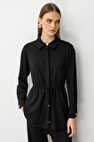 Mizalle Beli İp Büzgülü Yumuşak Dokulu Siyah Tunik