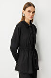 Mizalle Beli İp Büzgülü Yumuşak Dokulu Siyah Tunik
