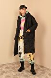 SASHA MODA MONT SİYAH STD - Kapitone Kumaş Uzun Kol Kalp Yaka Oversize/Salaş Kadın Mont