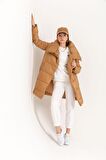 SASHA MODA MONT CAMEL L - Kapitone Kumaş Şal Yaka Bol Kalıp Yaka Detay Çıtçıtlı Kadın Mont