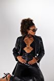 Tül Kollu Dekolteli Bony Bodysuit Siyah