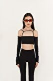 Crop Model Askılı Uzun Kol Molly Bluz Siyah