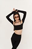 Crop Model Askılı Uzun Kol Molly Bluz Siyah