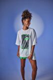 Kadın Beyaz Baskılı Oversize Bisiklet Yaka Stalker T-Shirt