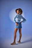 Crop Model Bağlamalı Kol Detaylı Elsa Bluz Mavi
