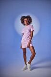 Bisiklet Yaka Kısa Kol Mini Wex Tshirt Elbise Pembe
