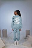 Kadın Mavi Oversize Şardonlu Yazı Baskılı Fluffy Sweatshirt