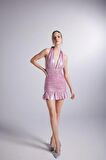 Parlak Kumaşlı Büzgülü Mini Starry Elbise Pembe