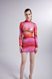 Balıkçı Yaka Astarlı Mini Çok Renkli İkili Inferno Takım Pembe