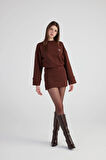 Yırtmaçlı Dokuma Kumaş Mini Claire Elbise Kahve
