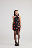 Şal Yaka Detaylı Gül Desenli Sırt Dekolteli Mini Elbise Siyah