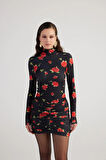 Balıkçı Yaka Gül Desenli Mini Felicia Elbise Siyah