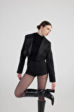 Yakası Saten Detaylı Camila Crop Blazer Ceket Siyah